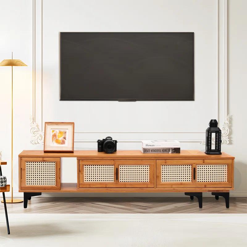 MoNiBloom Bamboo TV Stand with Storage Cabinet, 54" to 82.5" Extendable Length TV Console for Home Living Room