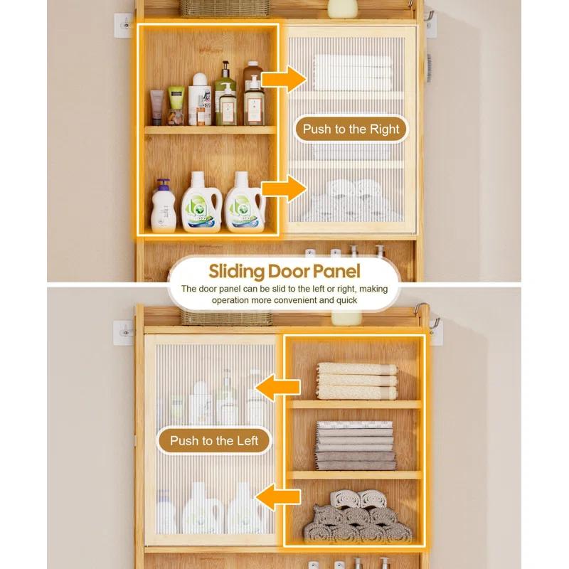 Latitude Run® Over The Toilet Storage Cabinet With Acrylic Door Panel And Paper Towel Drawer, Bamboo Space Saver Shelf, Bathroom Organizer Rack