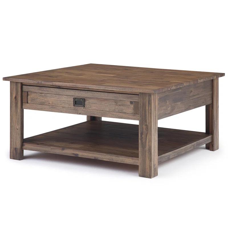 Simpli Home Monroe 38"W Solid Acacia Rustic Square Coffee Table with Large Drawer and Open Shelf