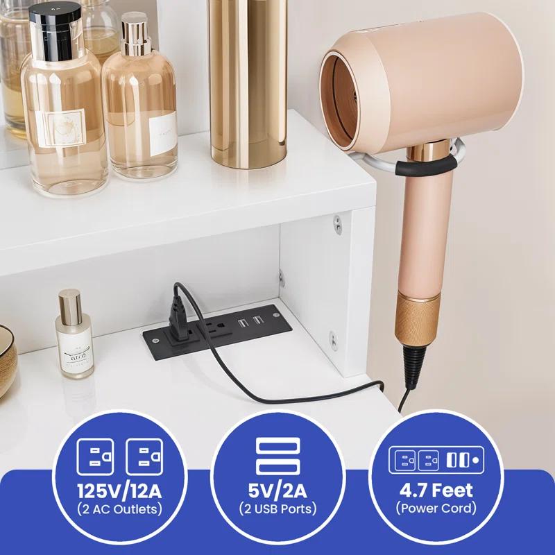 Mercer41 Halide Vanity Desk Makeup Table set Stool with Tri-Fold Mirror, Storage Drawer, and Shelves