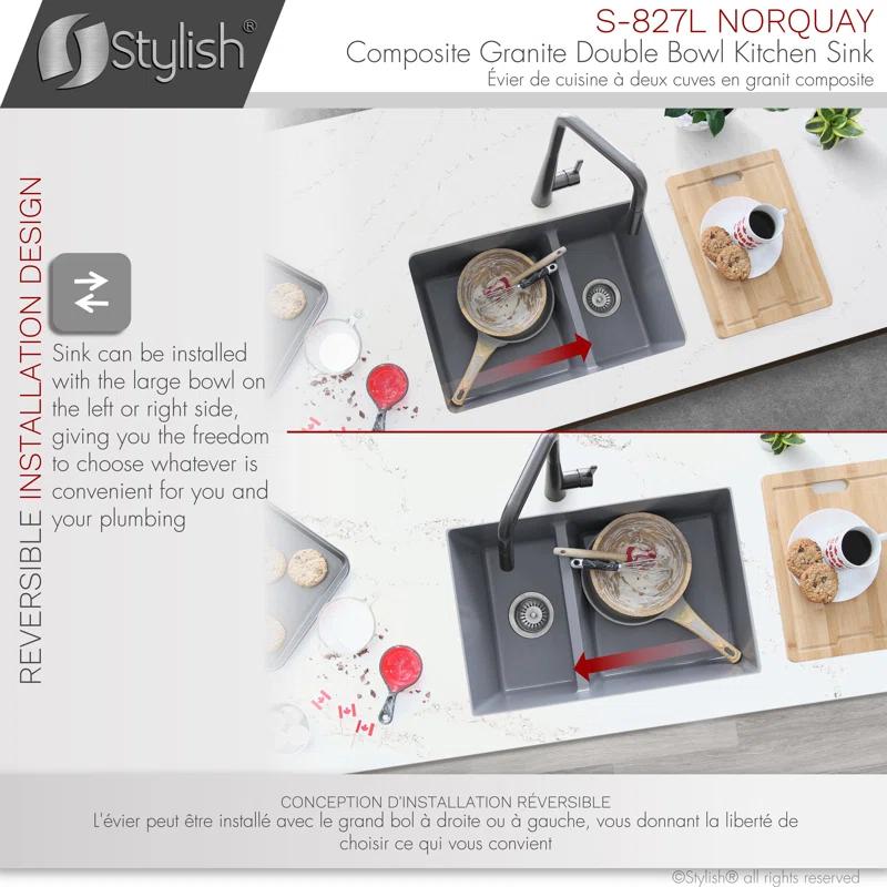 STYLISH S-827L Pietra STYLISH 27 inch Double Bowl 60/40 Dual Mount Composite Granite Kitchen Sink