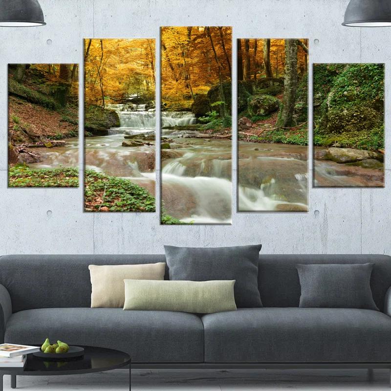 " Forest Waterfall With Yellow Trees " 5 - Pieces