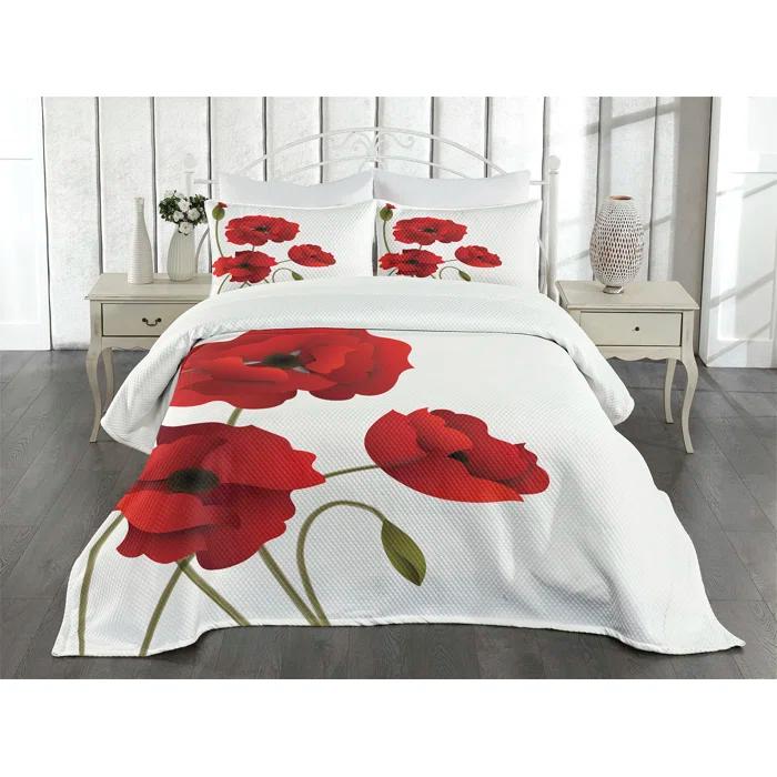 Ambesonne Ambesonne Floral Bedspread Set Flowers Petals and Buds Red Green
