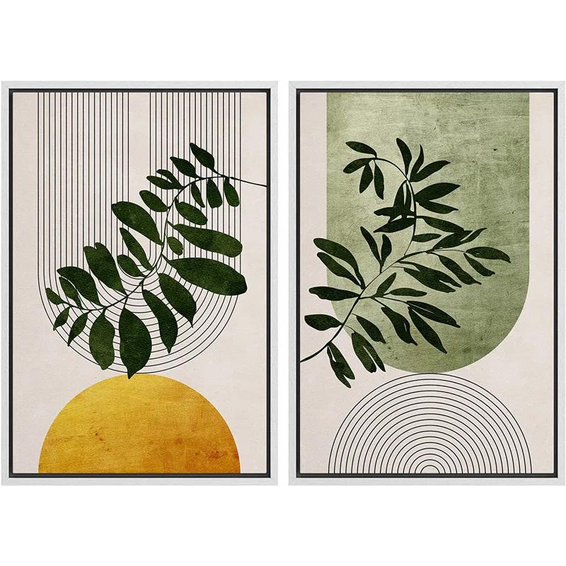 IDEA4WALL Mid Century Modern Boho Green Yellow Bright Plant Art Framed Canvas 2 Pieces Print  Wall Art Set