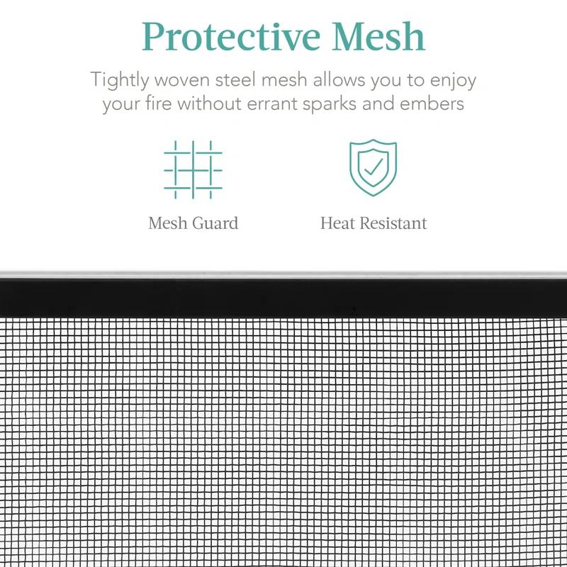 Cassiano 38x27in Single Panel Fireplace Screen Handcrafted Steel Mesh Spark Guard w/ Handles