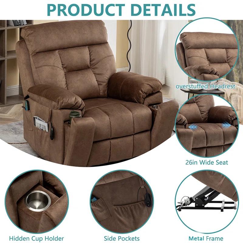 Latitude Run® Large Electric Massage Recliner With Heat, Velvet Lift Recliner Chair For Elderly Oversize with Hidden Cup Holder