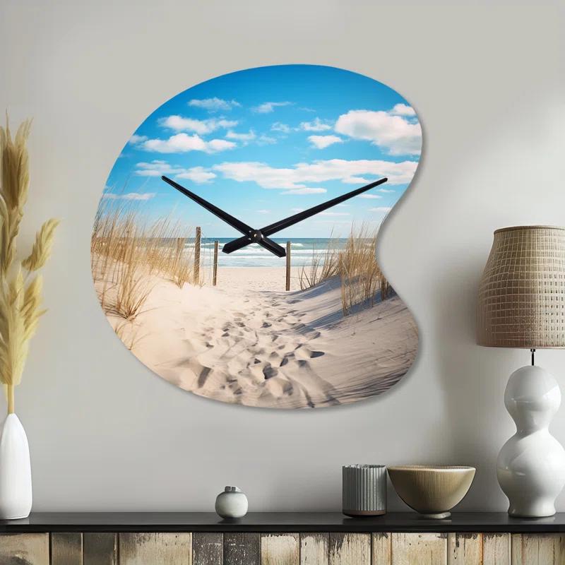 Design Art Bath To The Ocean I - Beach Sand Asymmetrical Metal Wall Clocks, Beige Unique Shape Wall Clock Print