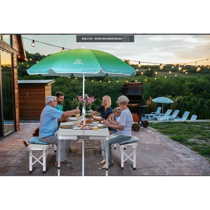 MUKE Folding Picnic Table with 2 Benches & Umbrella, Mesh Net for Outdoor, Patio, Lawn, & Backyard
