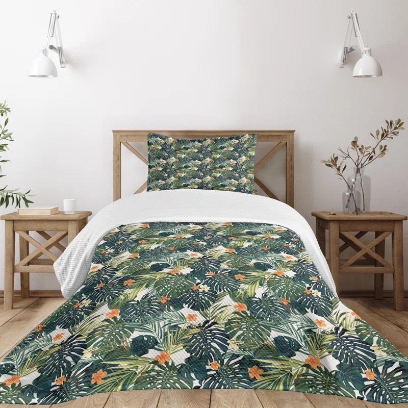 Ambesonne Ambesonne Green Bedspread Set 2 Pcs Hawaiian Tropical Flora Twin Green Dark Teal Orange