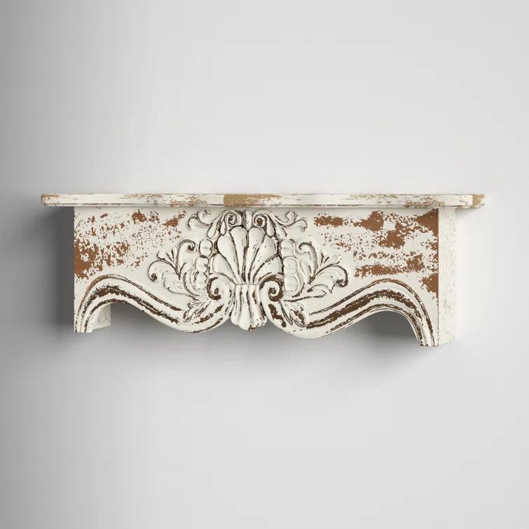 Kelly Clarkson Home Elicia White Wood Scroll Distressed 1 Shelf Room Wall Shelf