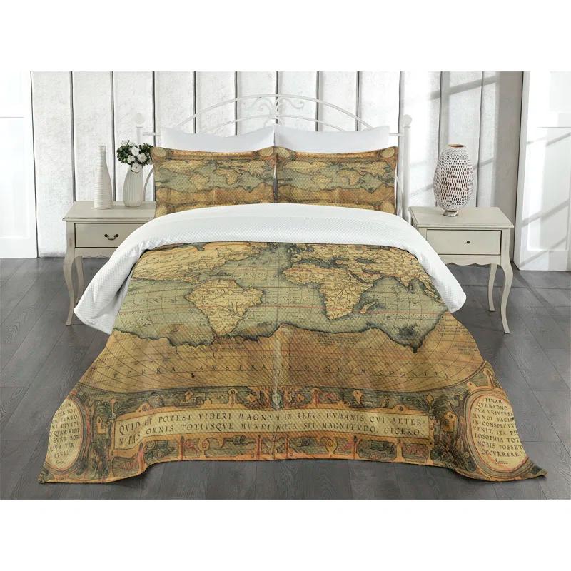 Ambesonne Ambesonne World Map Bedspread Set Retro Atlas Illustration Sand Brown Slate Blue