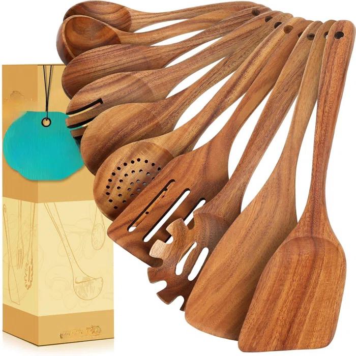 FAST APPLIANCES LLC 10 Pcs Wooden Spoons For Cooking, Wooden Utensils For Cooking Teak Wood Nonstick Wooden Cooking Utensils,Wooden Spatula Sets