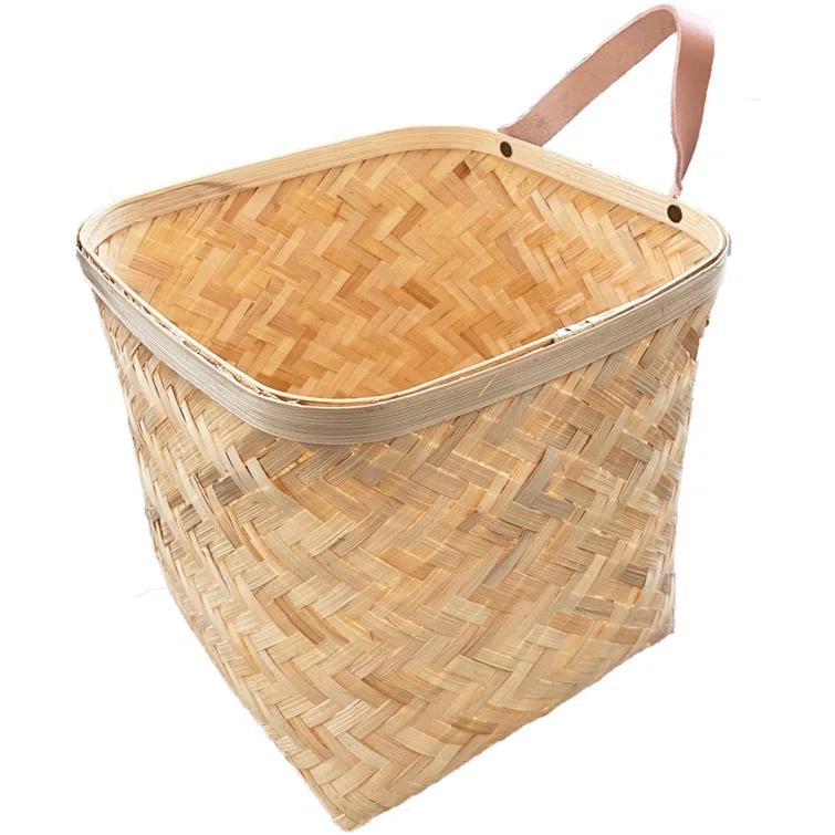 Natural Bamboo Square Wall Basket with Leather Strap
