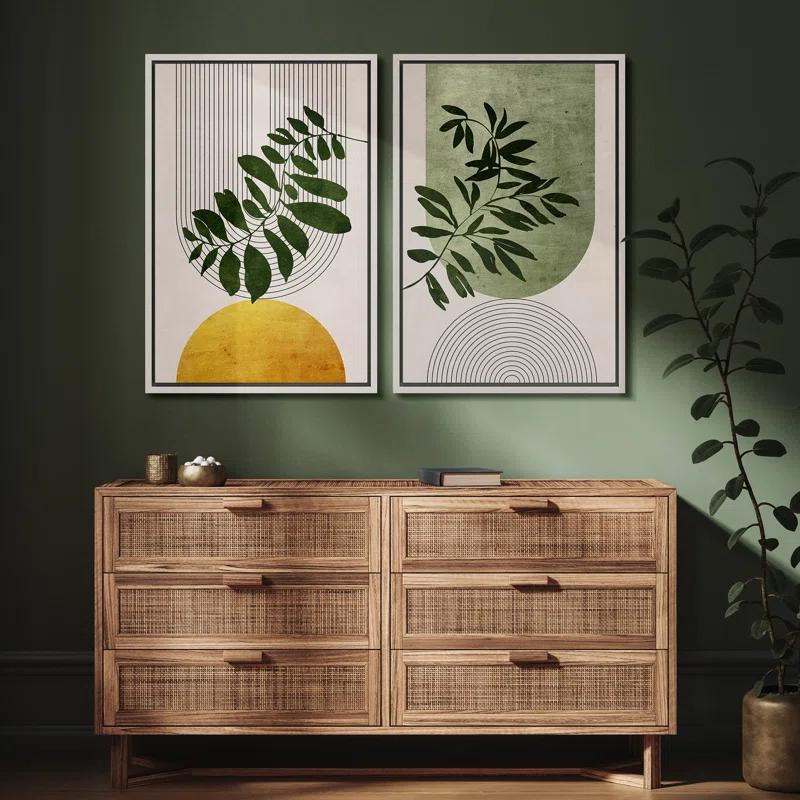 Mid Century Modern Boho Green Yellow Bright Plant Art Framed Canvas 2 Pieces Print  Wall Art Set