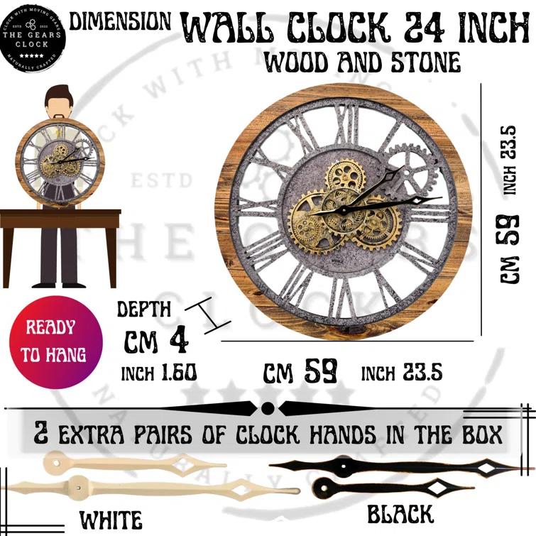 The Gears Clock Wall Clock 24" Round Oversized for Living Room decor with Real Moving Gears America Collection