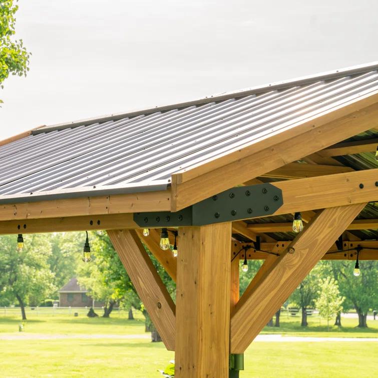 Backyard Discovery Backyard Discovery Norwood 10' x 10' Cedar Wood Outdoor Patio Gazebo with Hardtop Galvanized Steel Peak Roof and PowerPort