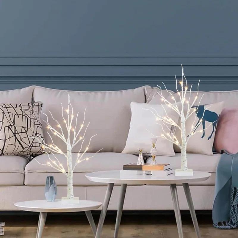 The Holiday Aisle® White Birch Tree With LED Lights - Set Of 2, LED Tabletop Tree With Timer, Christmas Decorations Lighted Tree For Indoor Mantel Home Decor (2 FT, 24 LED)