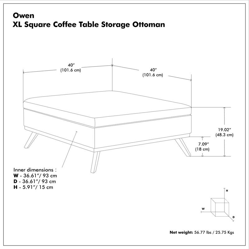 Simpli Home Owen 40"W XL Upholstered Square Coffee Table Storage Ottoman with Lift Top and Solid Wood Legs