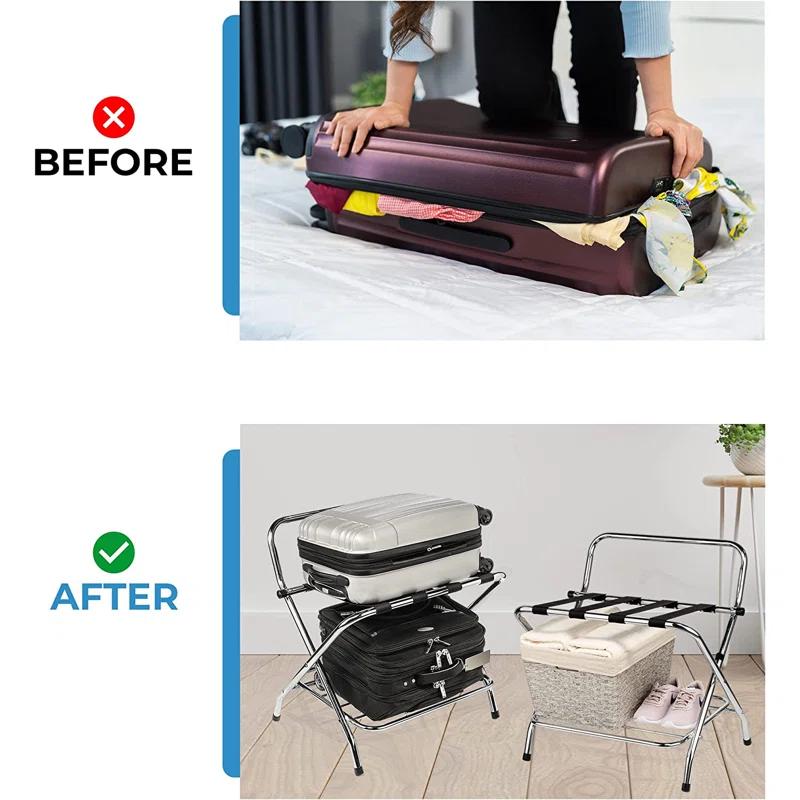 USTECH USTECH Luggage Rack-Double Tier, Assembled, Chrome, Storage Organizer, Pack of 1,