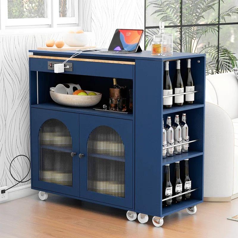 Winston Porter Rolling Kitchen Island With Extended Table, Kitchen Island On Wheels With LED Lights,Power Outlets And 2 Fluted Glass Doors, Kitchen Island With A Storage Compartment And Side 3 Open Shelves