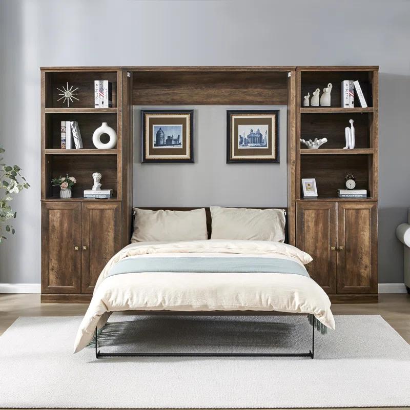LOONGFIELD Full Size Half Self-Close And Open Murphy Bed With 2 Side Cabinet Storage Shelf, Cabinet Space-Saving Bed Perfect For Guest Room, Bed Room, Guest Room, Home Office