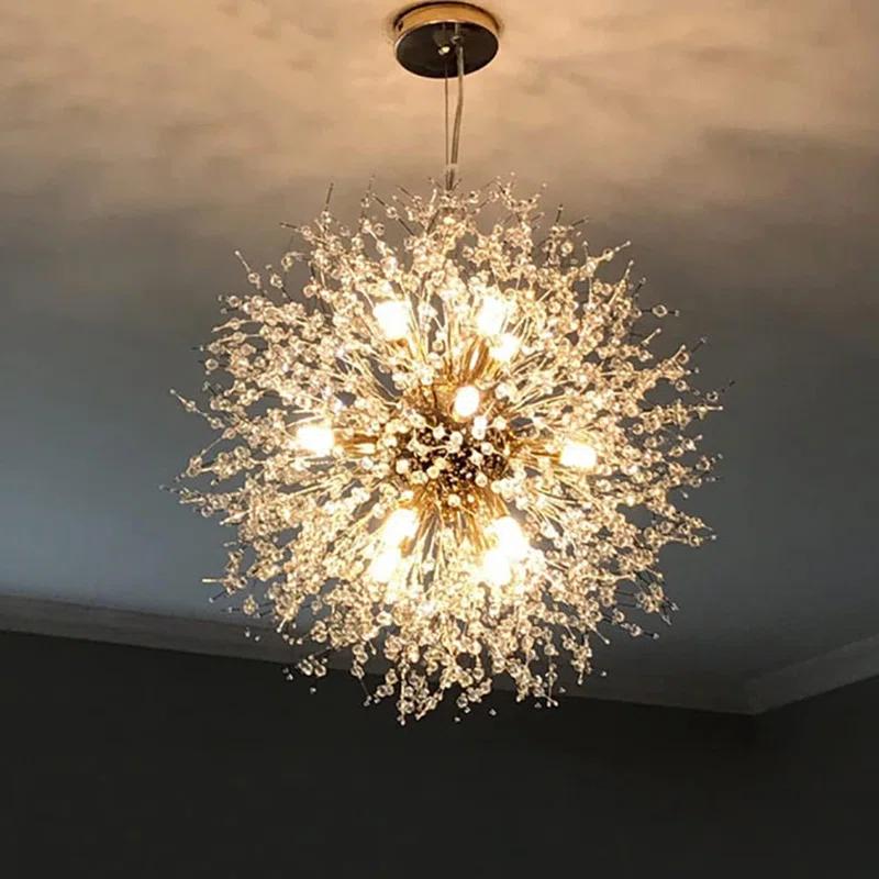 Mercer41 Modern Gold Crystal Chandelier With 12-Light Firework Design, Adjustable Dandelion Pendant Lighting For Dining Room, Living Room, Bedroom, Kitchen, And Hallway