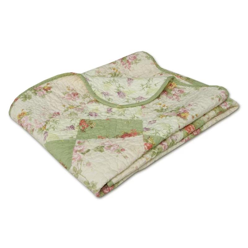 Ivory and Sage Floral Patchwork Cotton Throw Blanket