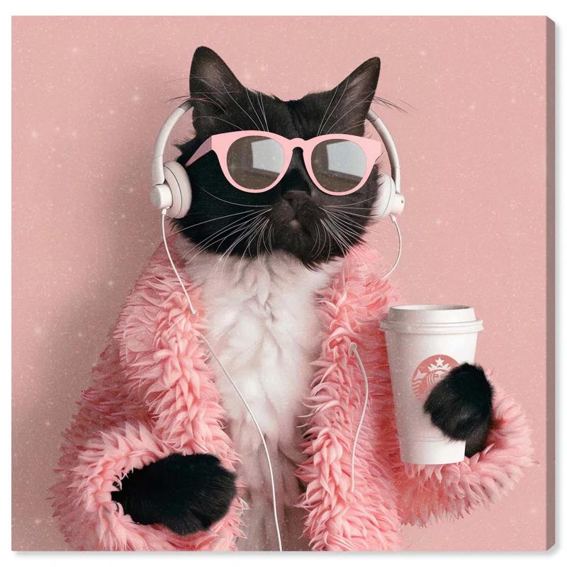 Art Remedy Glam Cat Headphones Canvas Cute Cat Art Prints by Art Remedy