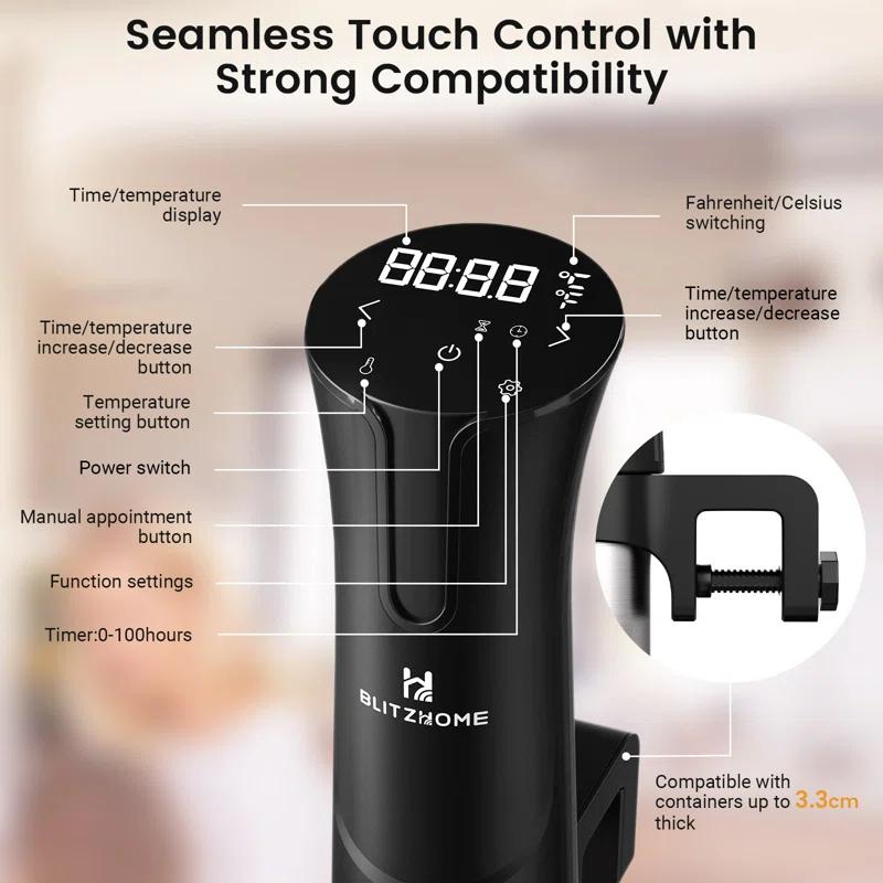 BlitzHome 1100W Sous Vide Cooker with Temperature Setting, Timer, Breath Light Reminder Function