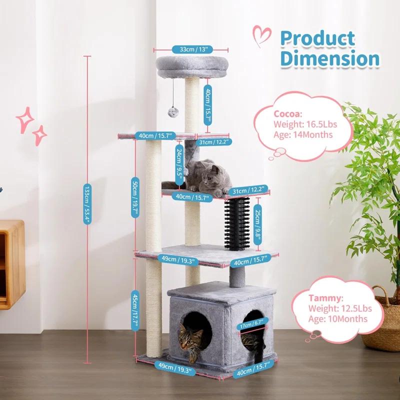 Tucker Murphy Pet™ Cat Tree, 52.4" Tall Cat Tower For Indoor Cats, Multi-Level Large Cat Condo With Scratching Posts And Pompoms, Plush Kitten Climbing Tower With Cat Grooming Brush And Perch