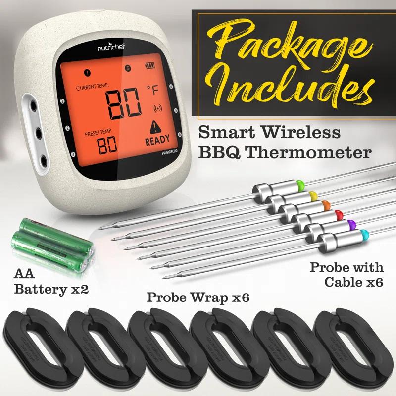 NutriChef Nutrichef Bluetooth Meat Thermometer For Grilling And Smoking With 6 Wireless Meat Probes, 6 Channels With Lcd Display