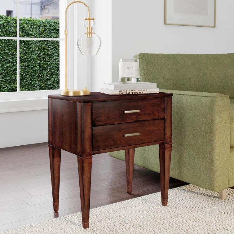 Kai Antique Cherry 2 Drawer Wood Nightstand with Gold Accents