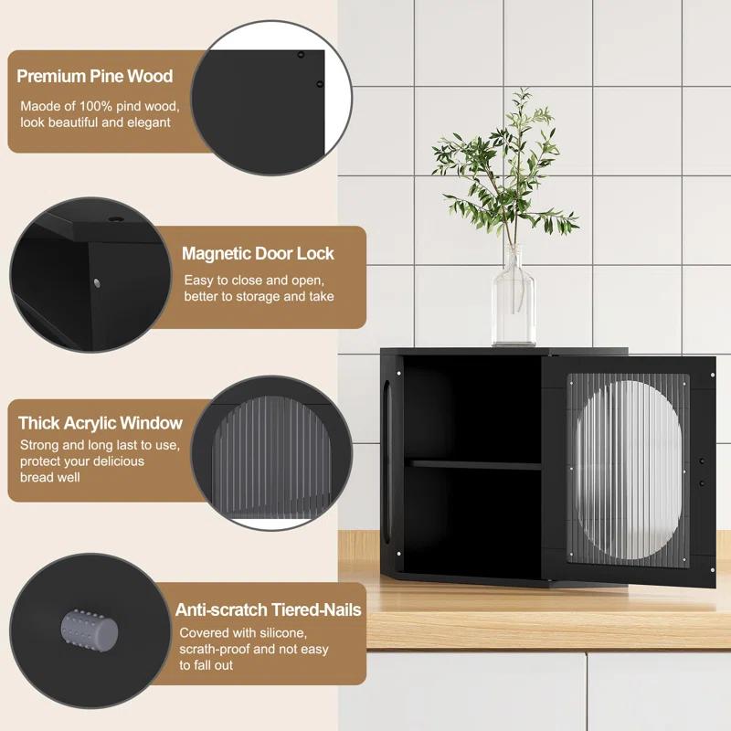 Hokku Designs Corner Bread Storage Container Double Layer Wooden Breadbox Homemade Bread Loaf Bin Farmhouse Coffee Bar Pantry Shelf With Acrylic Window, Black