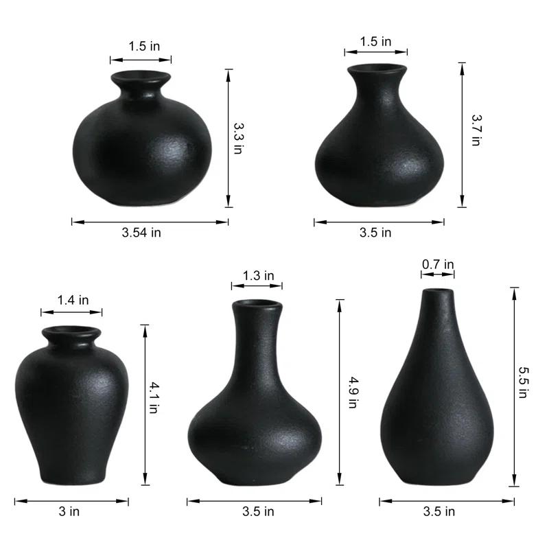 Ivy Bronx Small Black Vases, Ceramic Bud Vase Set Of 5, Mini Pottery Vases For Pampas Grass, Flowers, Decorative Vases (Set of 5)