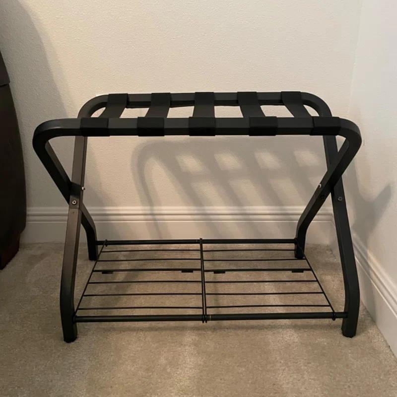 BINO Folding Luggage Rack With 2-Tiers Storage Shelf, Foldable Steel Frame Luggage Organizers For Suitcase, Metal Luggage Holder For Guest Room, Bedroom, Hotel, Closet, Black, 1Pack