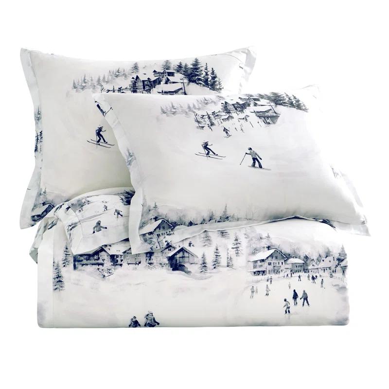 HiEnd Accents Ski Life White Gray Lyocell Ski Season Print Rustic Cabin Lodge Comforter Set