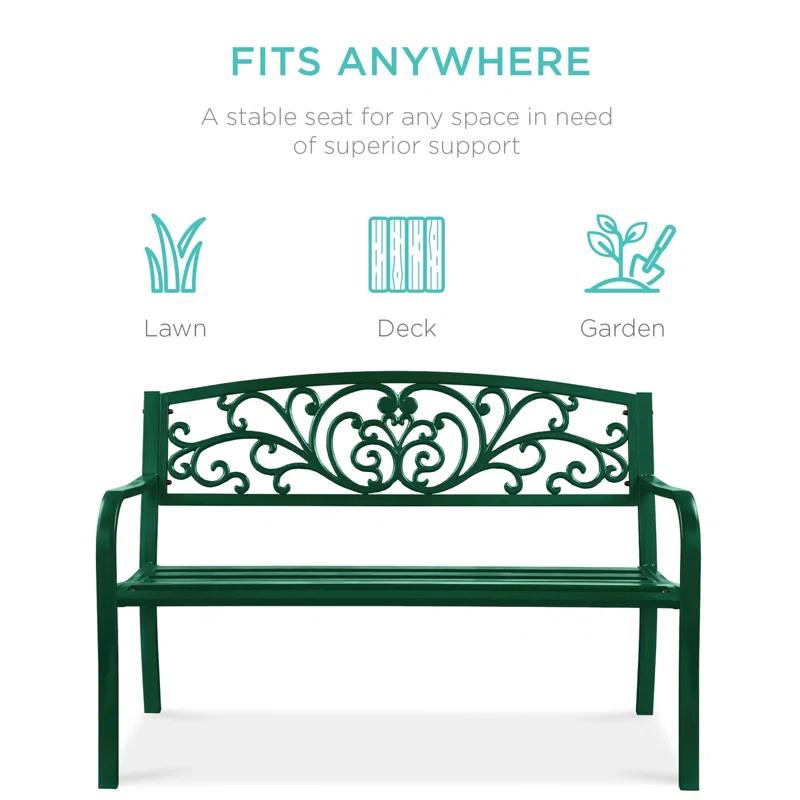 World Menagerie Outdoor Steel Bench with Floral Backrest & Slatted Seat, Marigold for Garden, Patio, Porch, Lawn, and Deck