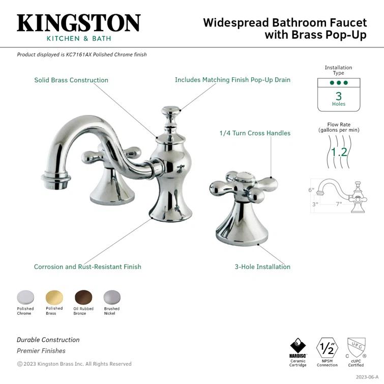 Kingston Brass Vintage Two-Handle 3-Hole Deck Mount Widespread Bathroom Faucet with Brass Pop-Up Drain