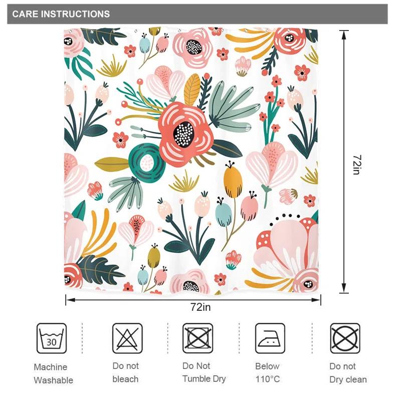 Red Barrel Studio® Pink Floral Shower Curtain For Bathroom Decor 72Wx72h Watercolor Colorful Flower Tropical Leaves Spring Botanical Sage Green Art Printed Fabric Polyester Waterproof 12 Pack Plastic Hooks