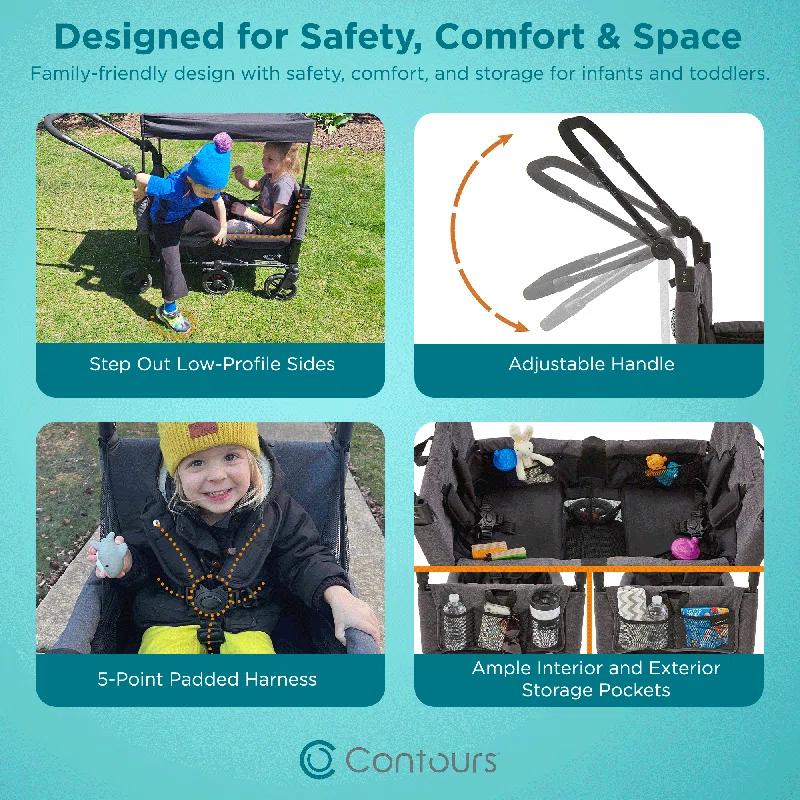 Contours Contours Curve 360 Stroller Wagon for 2 Kids, Infant Car Seat Compatibility, Zero Turn Radius, Lightweight Foldable Push-pull Collapsible Wagon Cart for Garden, Stroller, Camping, Grocery Cart