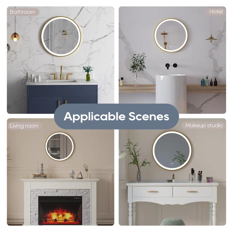 Deluxe Living Modern Round Illuminated Dimmable LED Anti Fog Makeup Bathroom Vanity Mirror