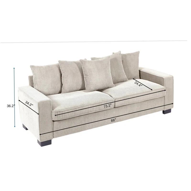 Latitude Run® 3 Seater Corduroy Sofa with 5 Matching Toss Pillows for Modern Living Room