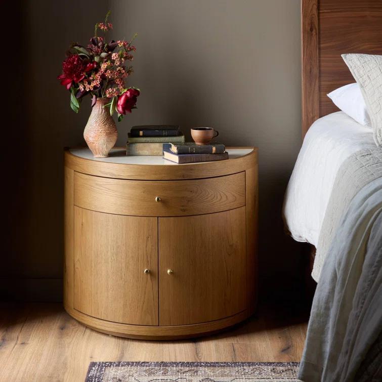 Cream Marble and Oak Veneer Demilune Nightstand with 3 Drawers