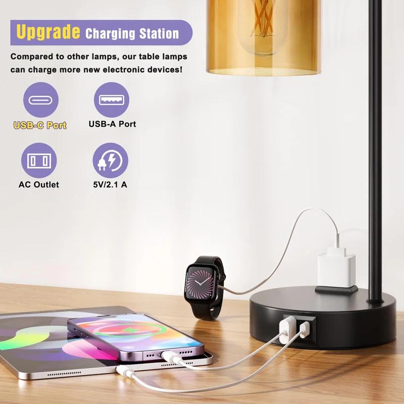 Latitude Run® Industrial Touch Table Lamps for Bedrooms Set of 2 - 3-Way Dimmable Nightstand Lamps with USB C+A Ports and Outlet, Bedside Lamps with Glass Shade for Living Room, Desk Lamps for Home Office