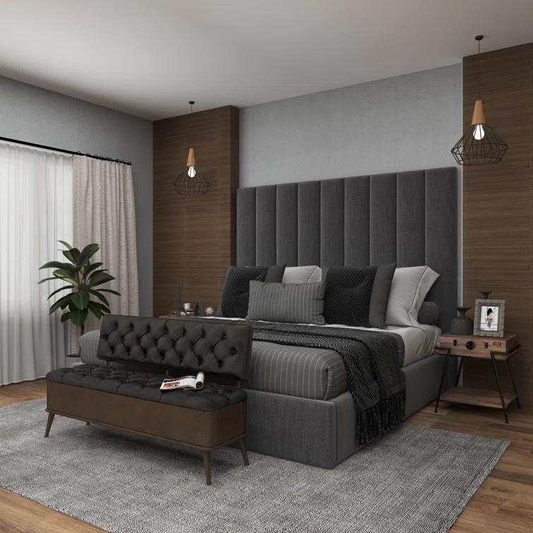 Williston Forge Black Metal Room Storage Bench with Tufted Faux Leather, 54" x 19" x 31"