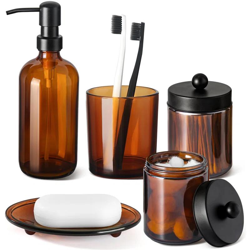 GMISUN Bathroom Accessories Set, 5 Pack Amber Glass Bath Accessory Sets Complete, Brown Soap Dispenser and Toothbrush Holder Bathroom Counter Sink Set with Labels, Rustic Modern Vintage Bathroom Decor