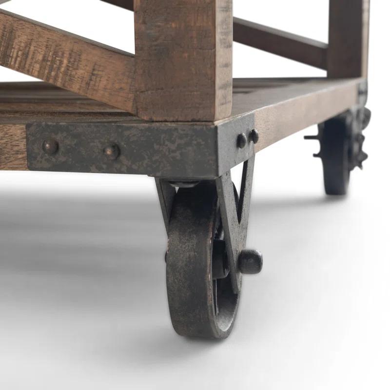 Simpli Home Harding 32"W Solid Mango Wood Industrial Square Coffee Table with Metal Accents, Open Shelf, and Iron Wheels