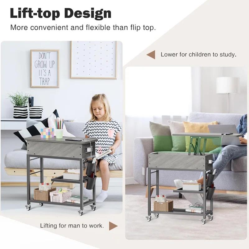 17 Stories Lift-Top End Table With Charging Station, Sofa Side Table, Nightstand With Wheels And USB Ports For Living Room, Bed Room, Study