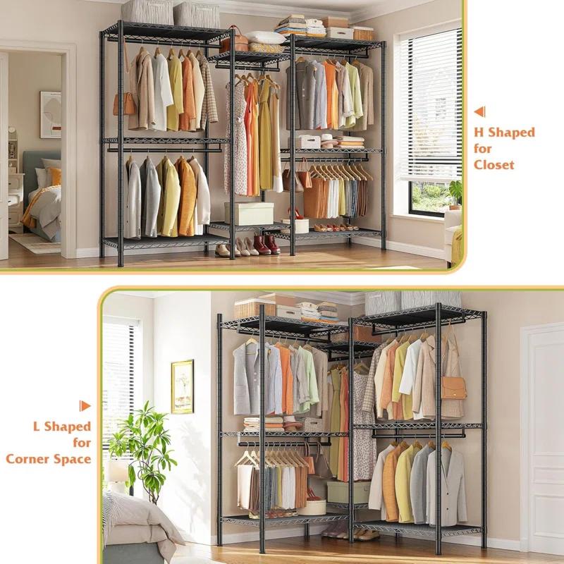 Rebrilliant Clothes Rack, 900LBS Heavy Duty Clothes Rack, Clothing Racks For Hanging Clothes, L Shaped Garment Rack For Corner Freestanding Wardrobe Closet Space Saver 74.5" W X 18" D X 77" H, Black