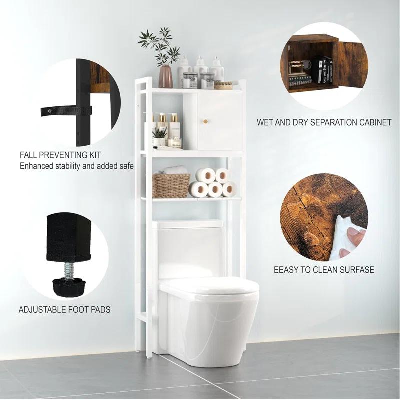Over-The-Toilet Storage, 3 Tier Bathroom Organizer Shelf, Organizer With Adjustable Shelves And Wooden Cabinet, Multifunctional Over The Toilet Rack, Wood
